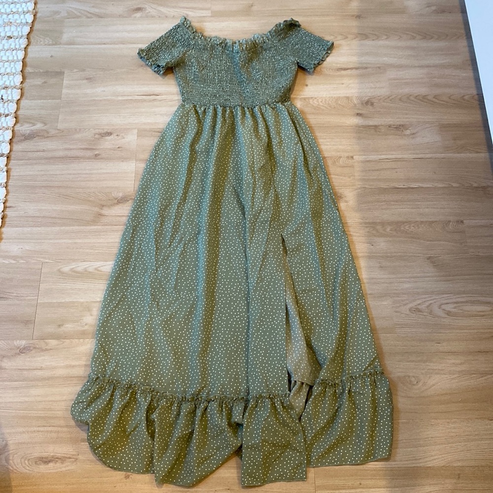 Simpler Brand Sage Green Off the Shoulder Polka Dot Dress